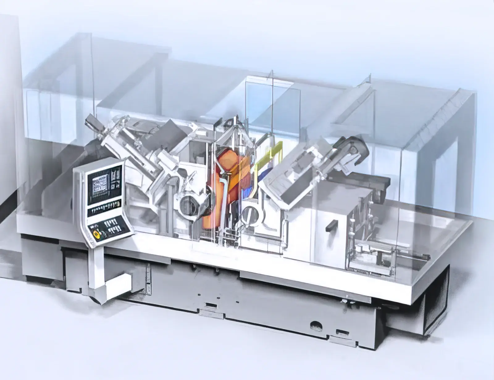 Rendering tecnico di una rettificatrice senza centri con gruppi interni visibili